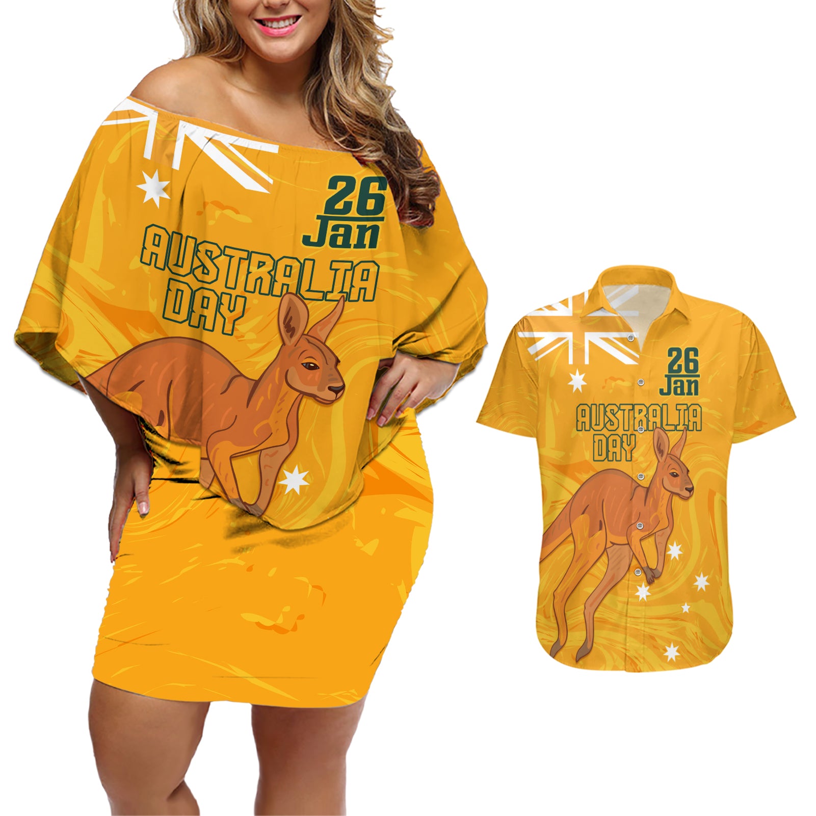 Personalised Matildas Australia Day Couples Matching Off Shoulder Short Dress and Hawaiian Shirt Proud To Be Tillies Gold Version