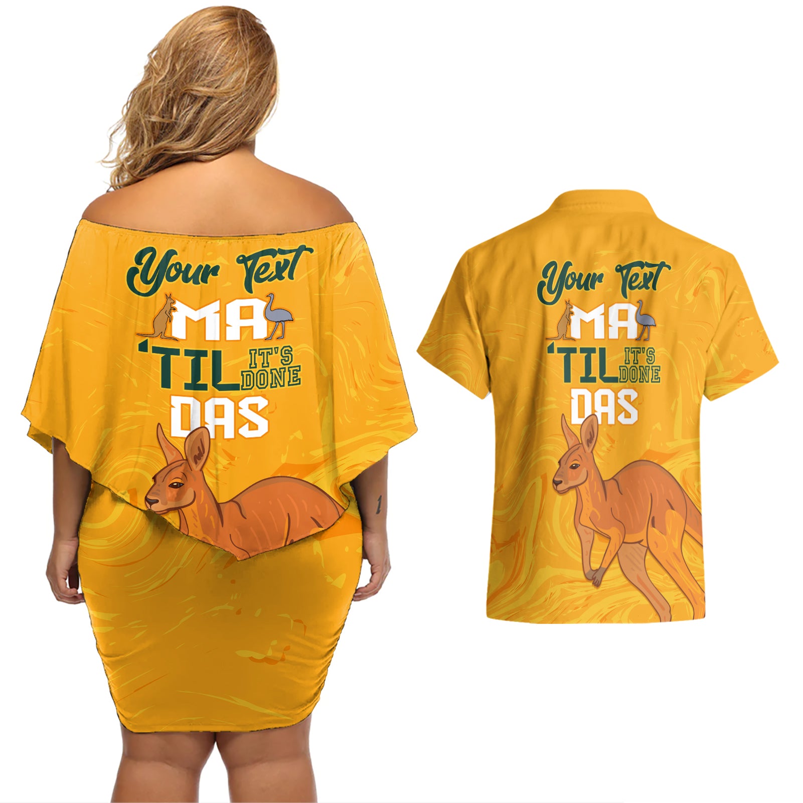 Personalised Matildas Australia Day Couples Matching Off Shoulder Short Dress and Hawaiian Shirt Proud To Be Tillies Gold Version