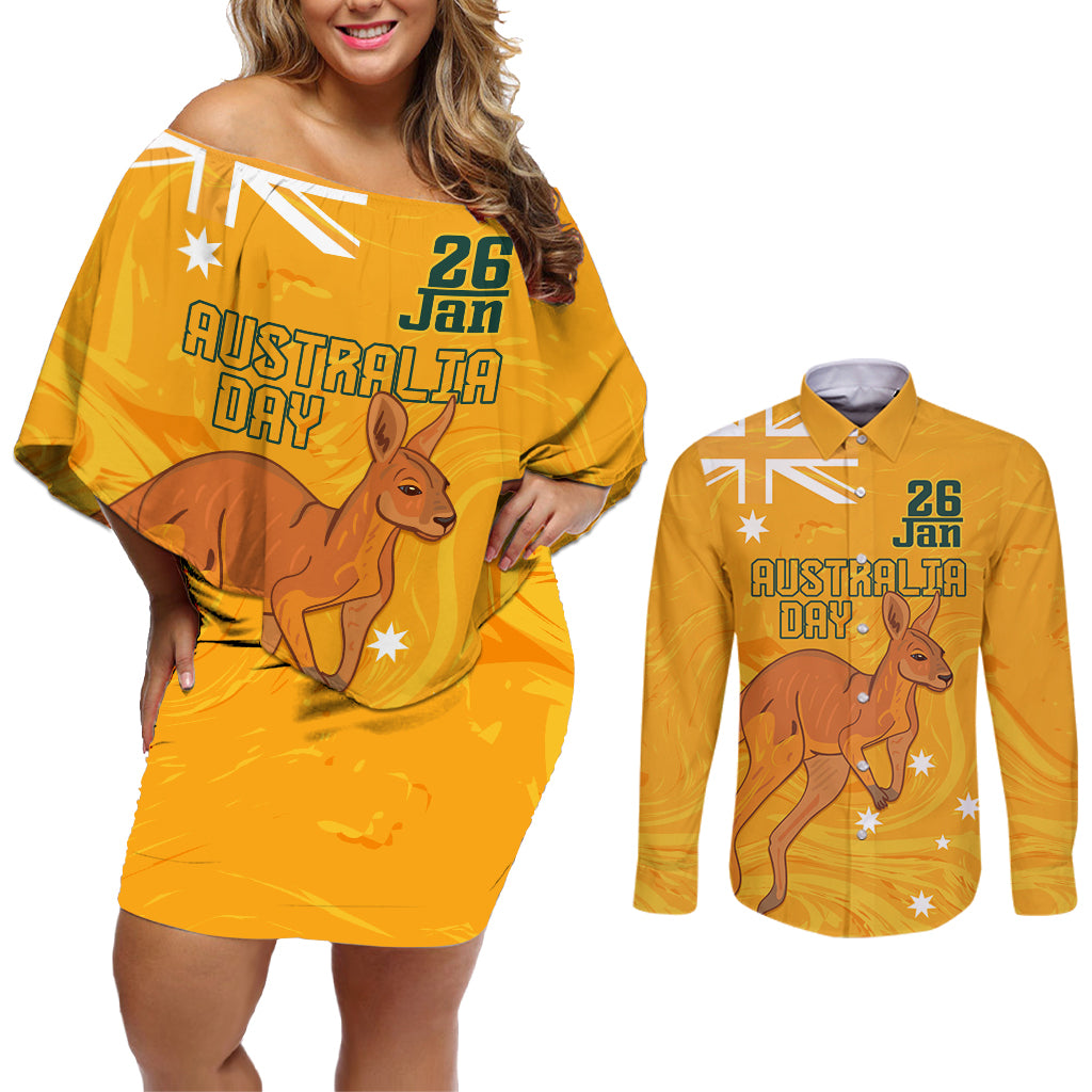 Personalised Matildas Australia Day Couples Matching Off Shoulder Short Dress and Long Sleeve Button Shirt Proud To Be Tillies Gold Version