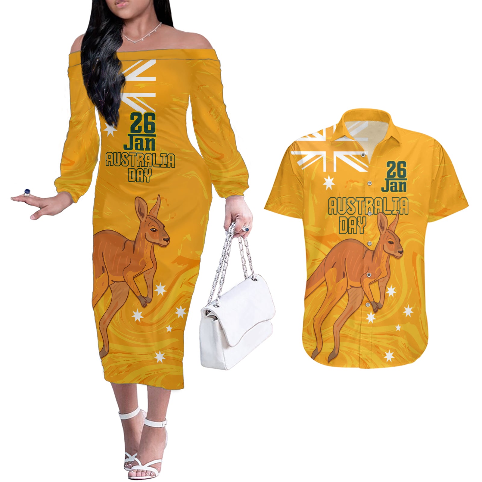 Personalised Matildas Australia Day Couples Matching Off The Shoulder Long Sleeve Dress and Hawaiian Shirt Proud To Be Tillies Gold Version