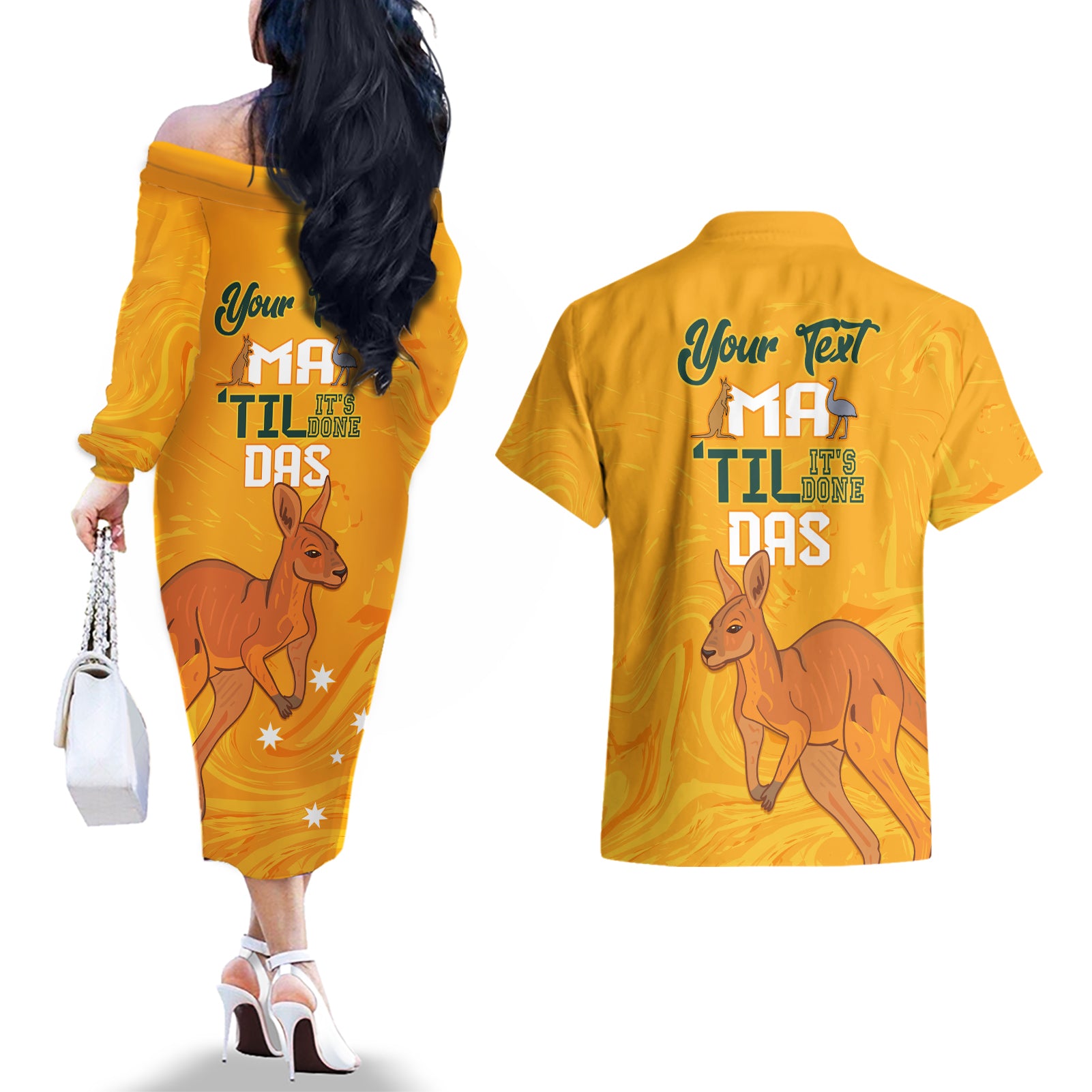 Personalised Matildas Australia Day Couples Matching Off The Shoulder Long Sleeve Dress and Hawaiian Shirt Proud To Be Tillies Gold Version