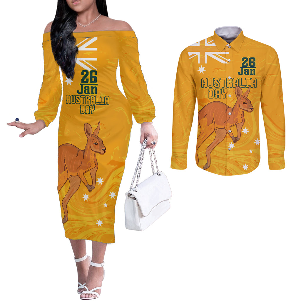 Personalised Matildas Australia Day Couples Matching Off The Shoulder Long Sleeve Dress and Long Sleeve Button Shirt Proud To Be Tillies Gold Version