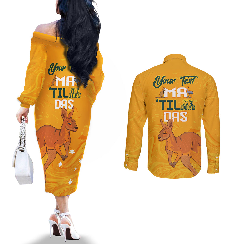 Personalised Matildas Australia Day Couples Matching Off The Shoulder Long Sleeve Dress and Long Sleeve Button Shirt Proud To Be Tillies Gold Version