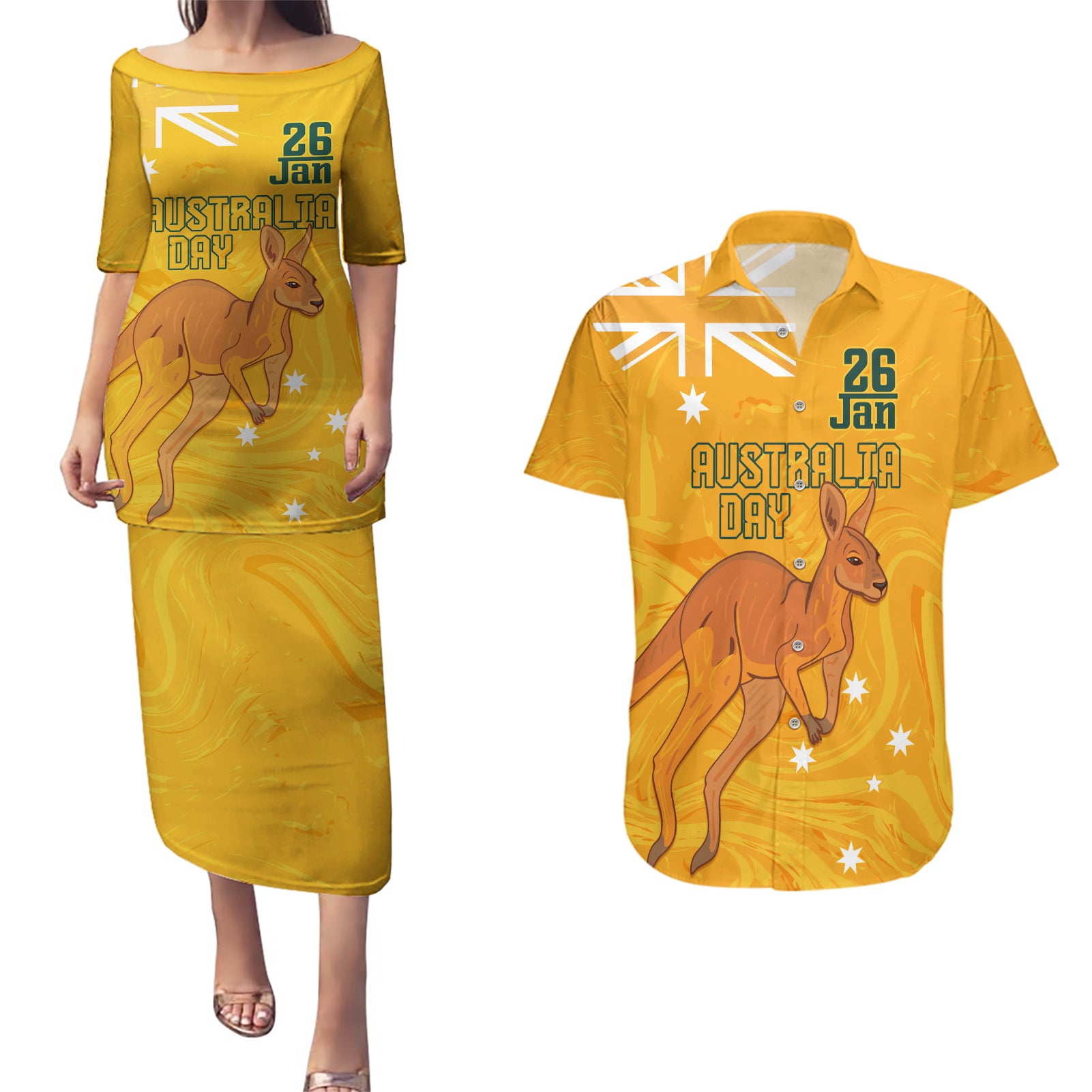 Personalised Matildas Australia Day Couples Matching Puletasi and Hawaiian Shirt Proud To Be Tillies Gold Version