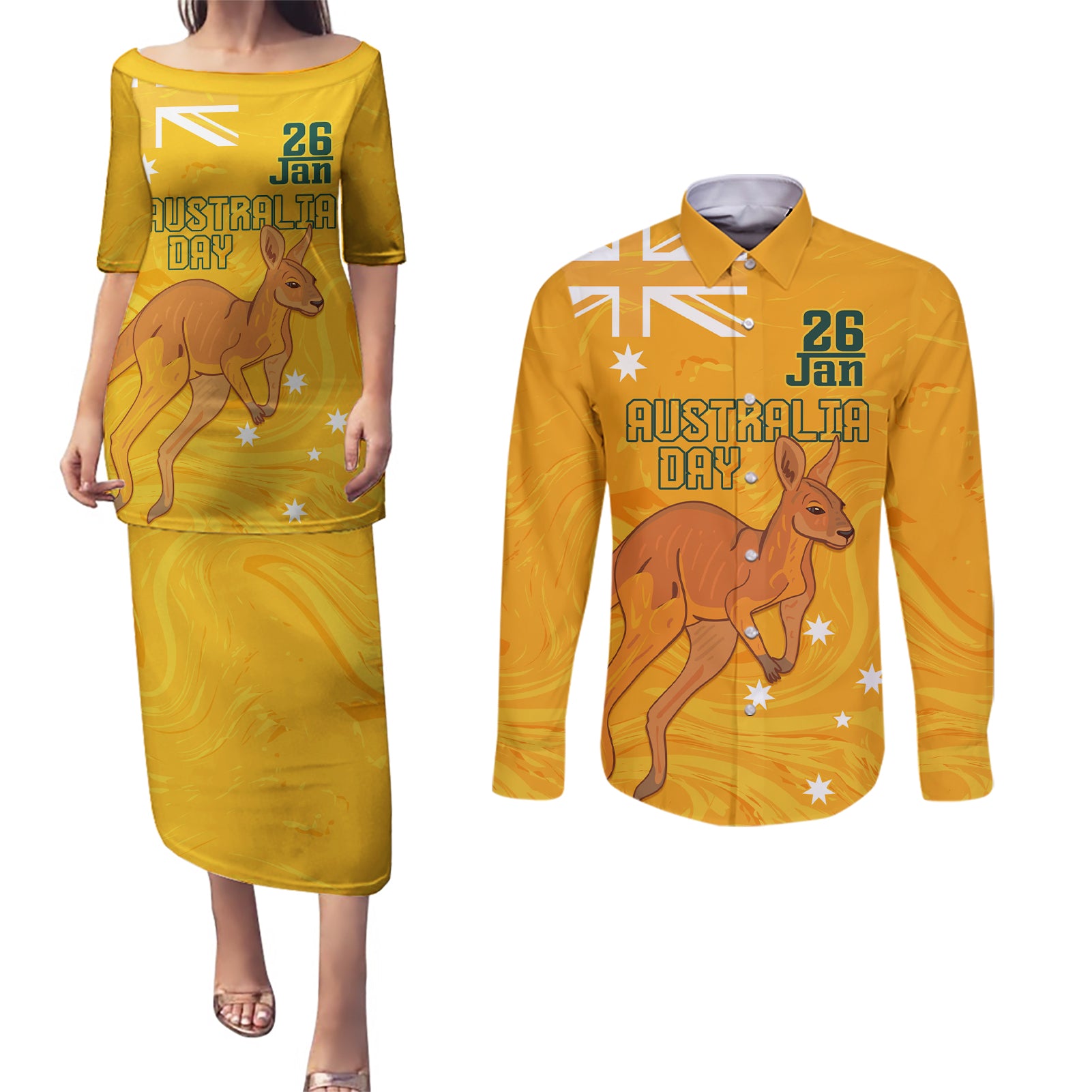 Personalised Matildas Australia Day Couples Matching Puletasi and Long Sleeve Button Shirt Proud To Be Tillies Gold Version