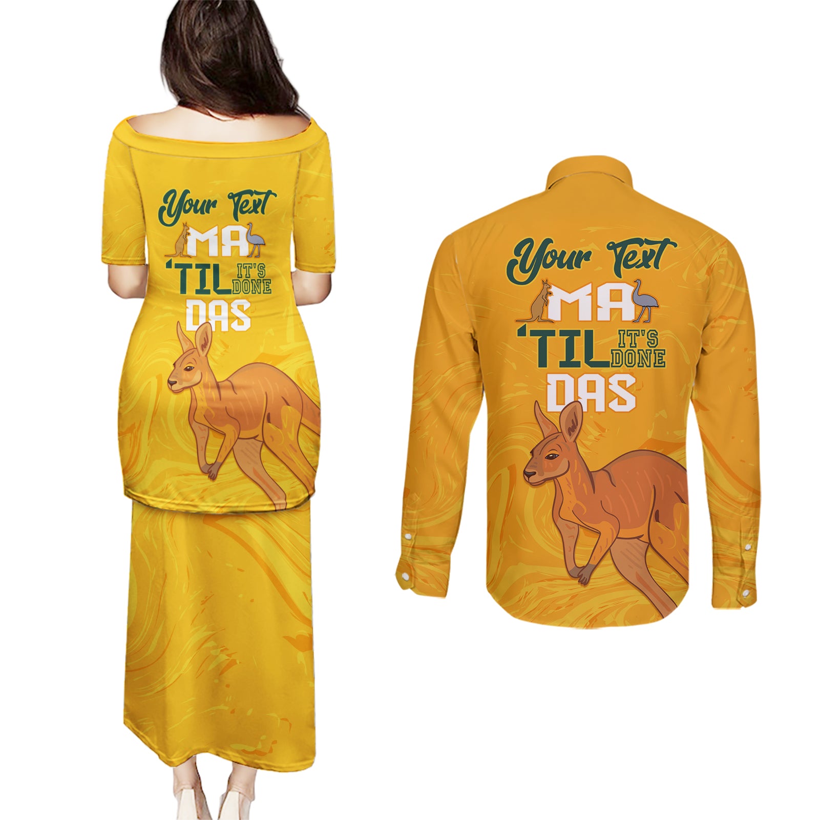 Personalised Matildas Australia Day Couples Matching Puletasi and Long Sleeve Button Shirt Proud To Be Tillies Gold Version