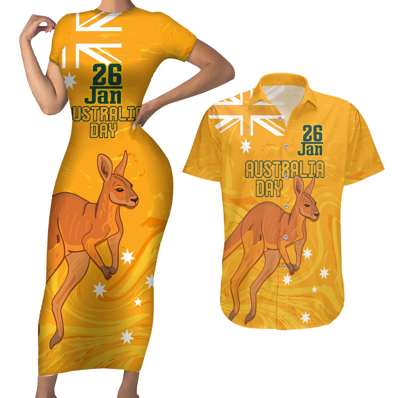 Personalised Matildas Australia Day Couples Matching Short Sleeve Bodycon Dress and Hawaiian Shirt Proud To Be Tillies Gold Version