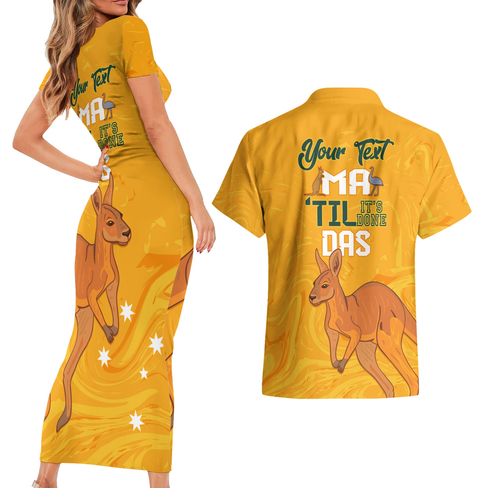 Personalised Matildas Australia Day Couples Matching Short Sleeve Bodycon Dress and Hawaiian Shirt Proud To Be Tillies Gold Version