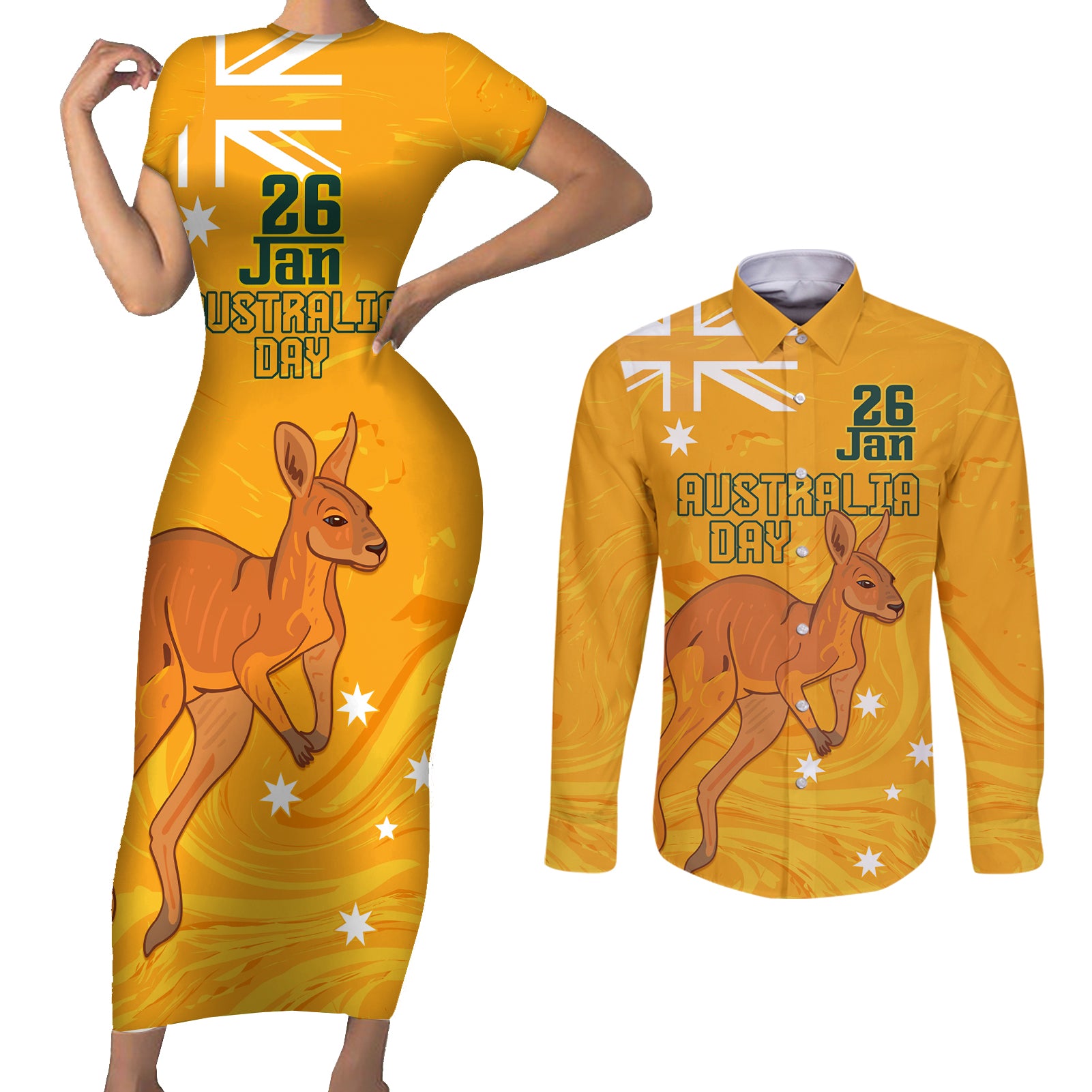 Personalised Matildas Australia Day Couples Matching Short Sleeve Bodycon Dress and Long Sleeve Button Shirt Proud To Be Tillies Gold Version