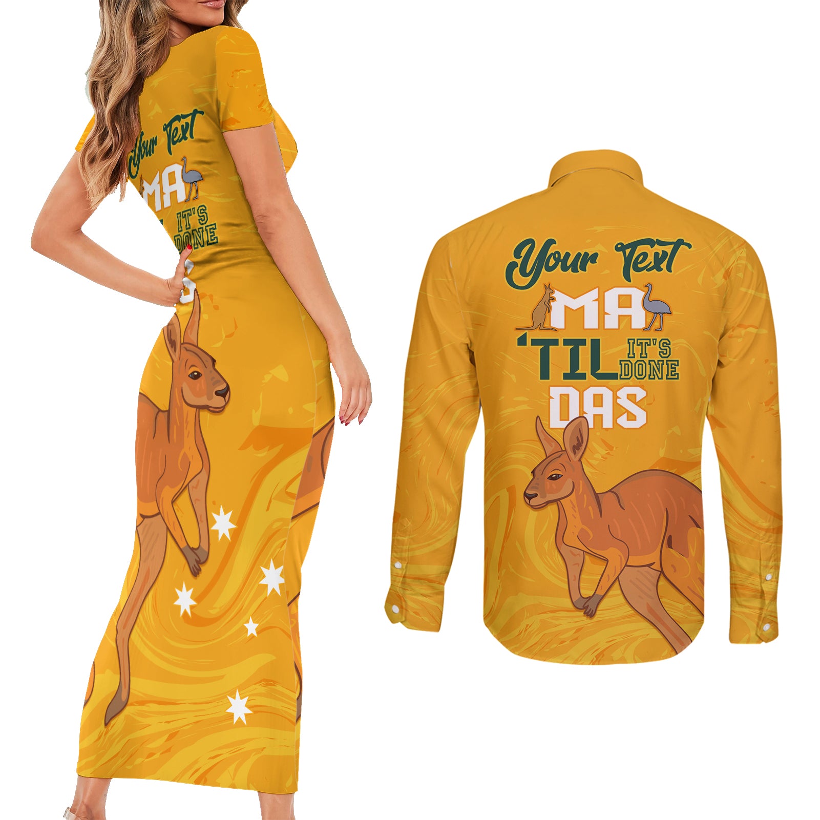 Personalised Matildas Australia Day Couples Matching Short Sleeve Bodycon Dress and Long Sleeve Button Shirt Proud To Be Tillies Gold Version