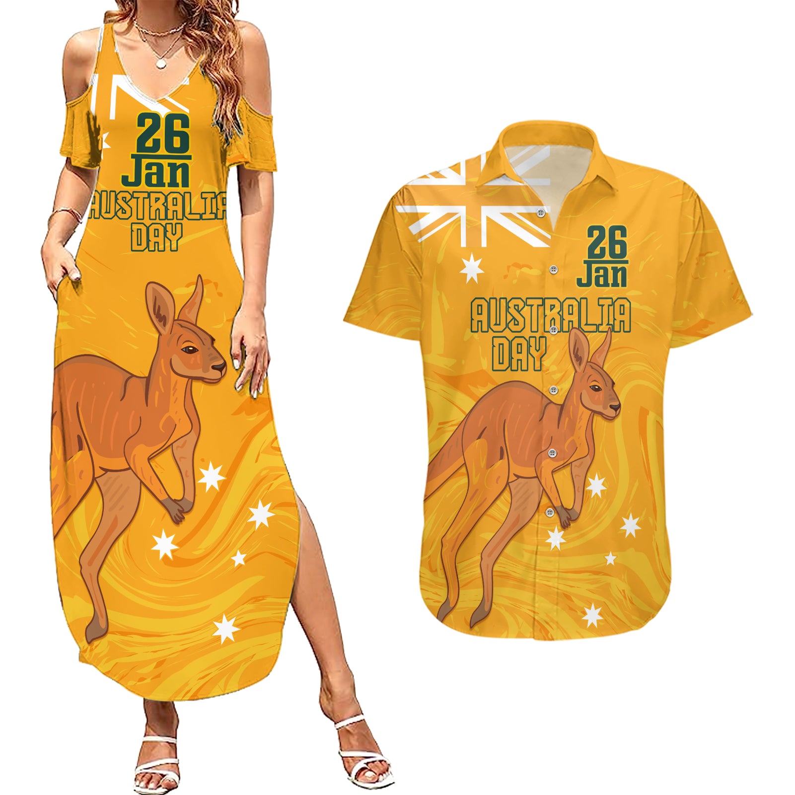 Personalised Matildas Australia Day Couples Matching Summer Maxi Dress and Hawaiian Shirt Proud To Be Tillies Gold Version