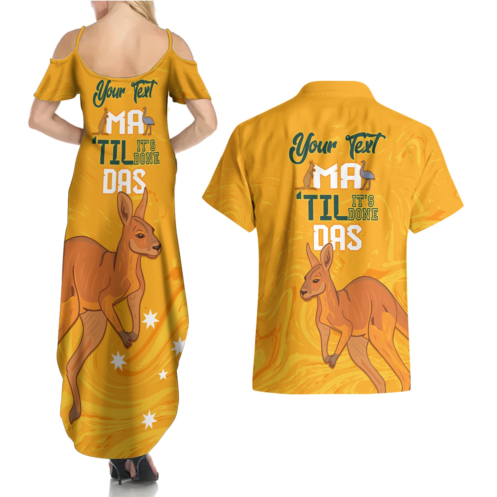 Personalised Matildas Australia Day Couples Matching Summer Maxi Dress and Hawaiian Shirt Proud To Be Tillies Gold Version