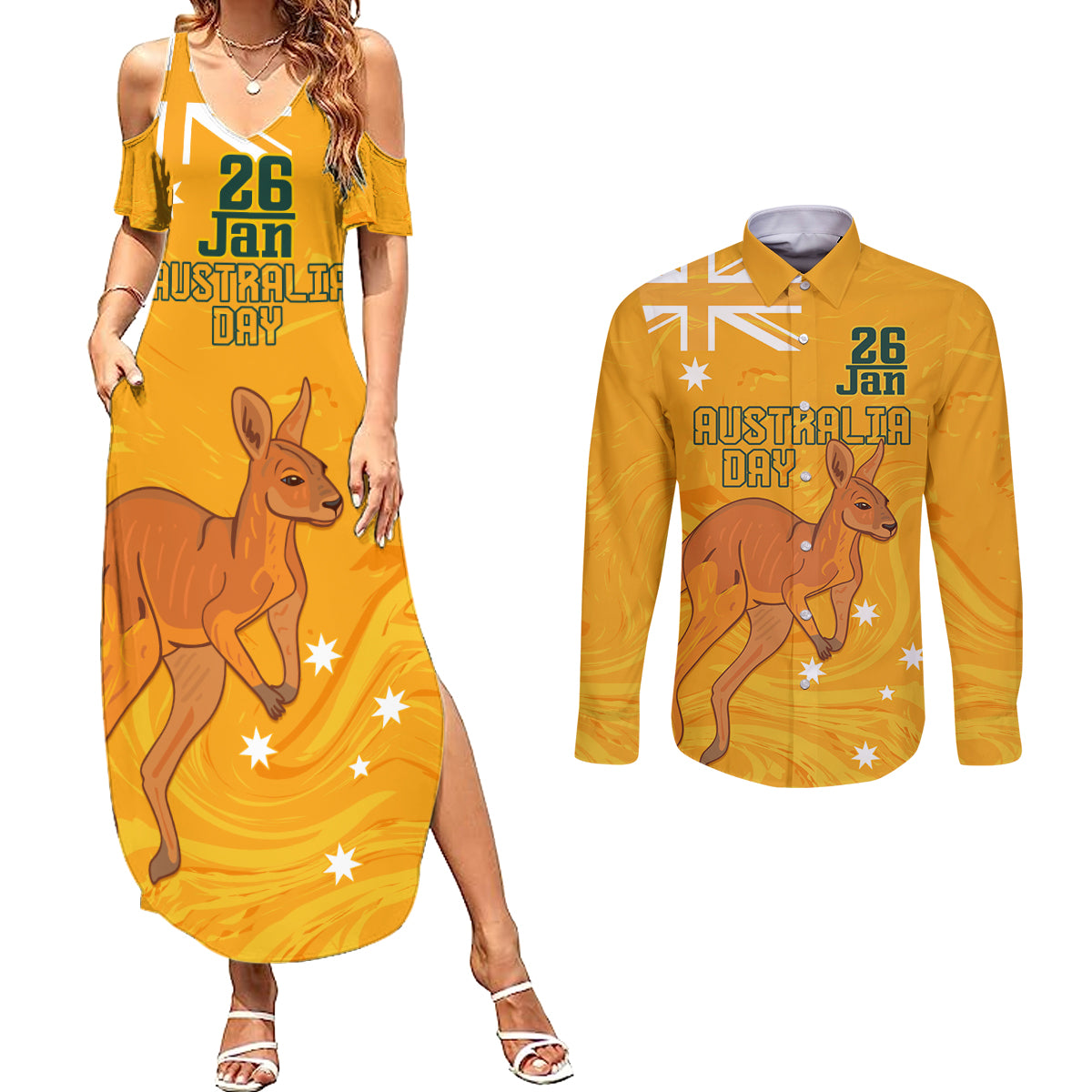 Personalised Matildas Australia Day Couples Matching Summer Maxi Dress and Long Sleeve Button Shirt Proud To Be Tillies Gold Version