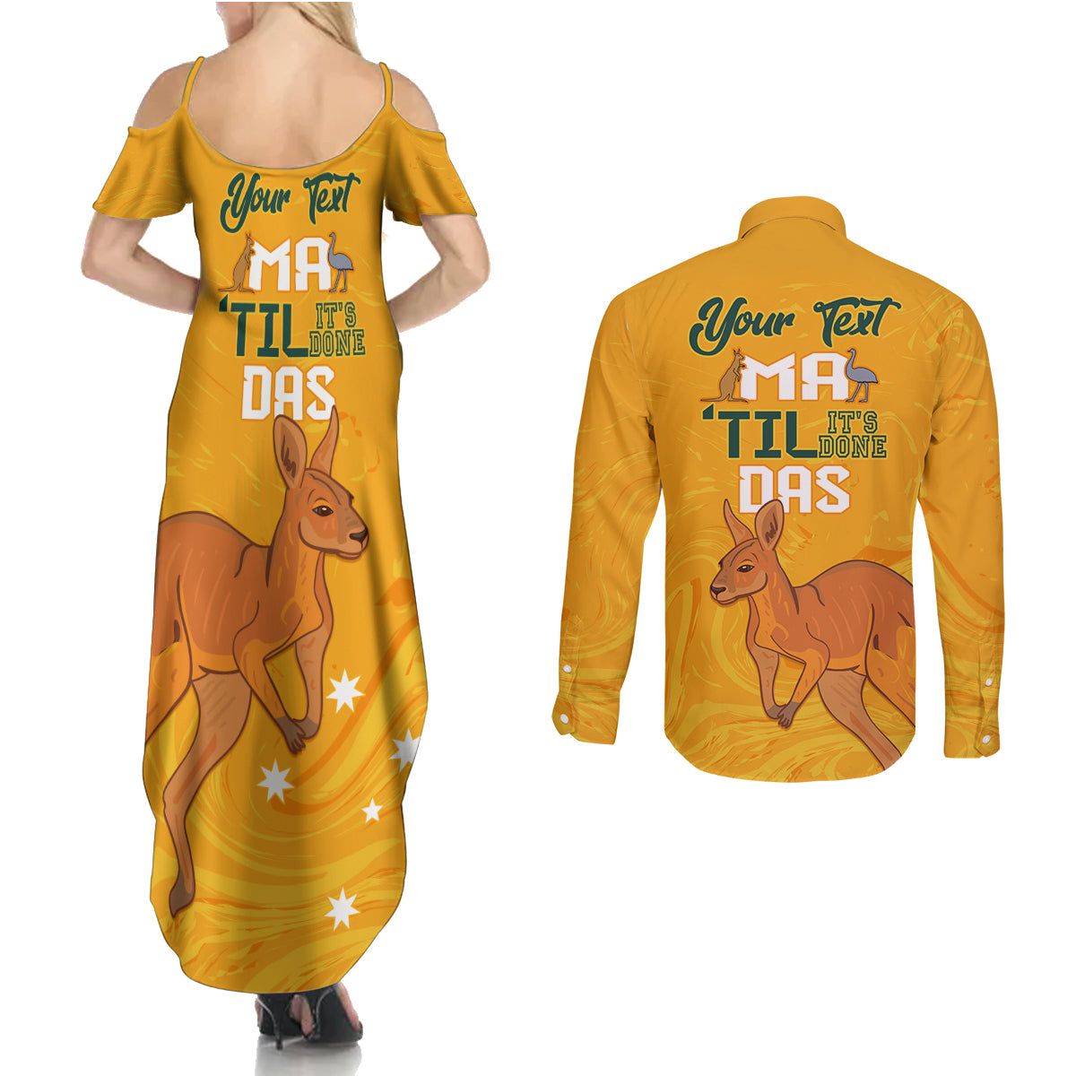 Personalised Matildas Australia Day Couples Matching Summer Maxi Dress and Long Sleeve Button Shirt Proud To Be Tillies Gold Version