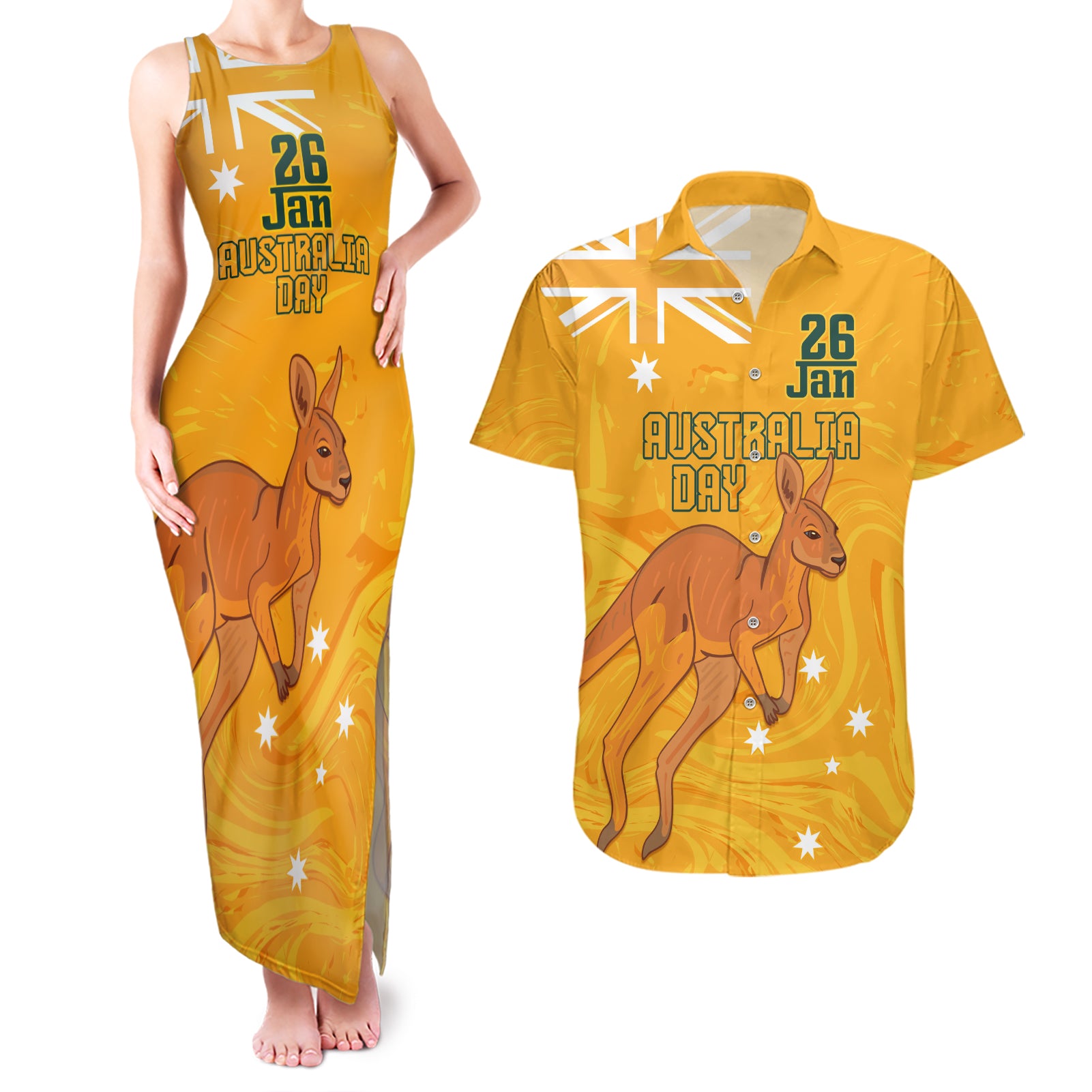 Personalised Matildas Australia Day Couples Matching Tank Maxi Dress and Hawaiian Shirt Proud To Be Tillies Gold Version