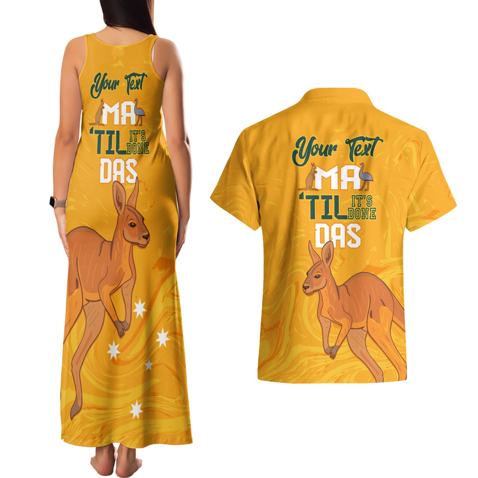 Personalised Matildas Australia Day Couples Matching Tank Maxi Dress and Hawaiian Shirt Proud To Be Tillies Gold Version