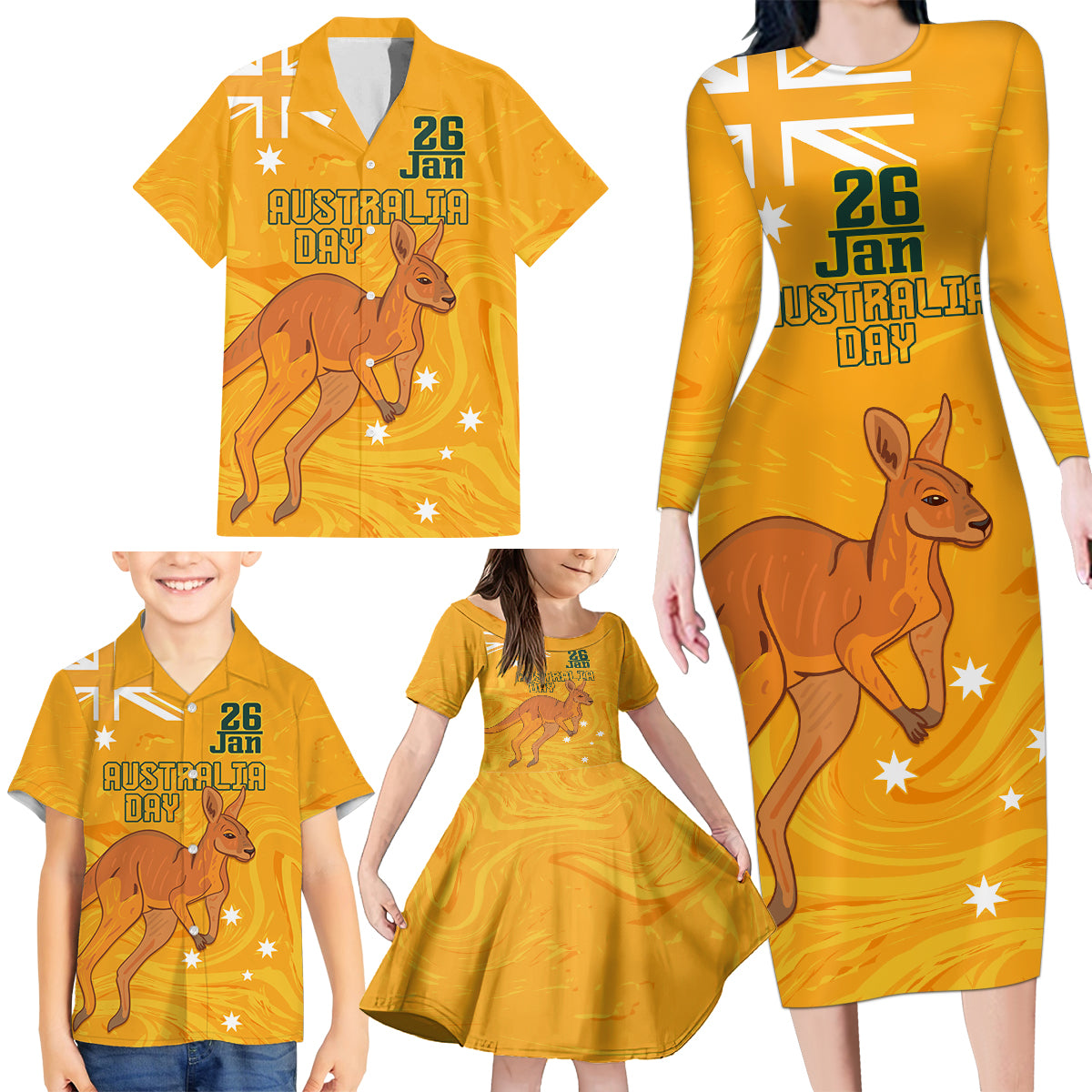 Personalised Matildas Australia Day Family Matching Long Sleeve Bodycon Dress and Hawaiian Shirt Proud To Be Tillies Gold Version