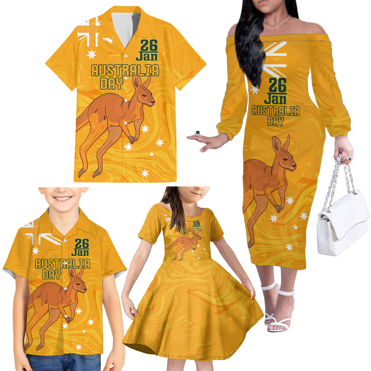 Personalised Matildas Australia Day Family Matching Off Shoulder Long Sleeve Dress and Hawaiian Shirt Proud To Be Tillies Gold Version