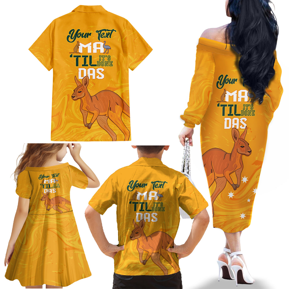 Personalised Matildas Australia Day Family Matching Off Shoulder Long Sleeve Dress and Hawaiian Shirt Proud To Be Tillies Gold Version