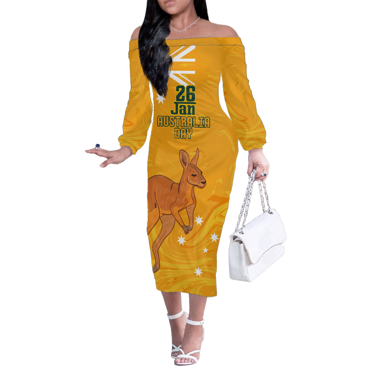 Personalised Matildas Australia Day Family Matching Off Shoulder Long Sleeve Dress and Hawaiian Shirt Proud To Be Tillies Gold Version