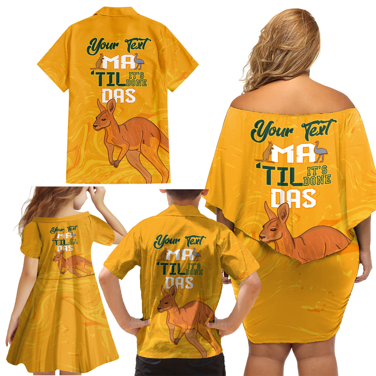 Personalised Matildas Australia Day Family Matching Off Shoulder Short Dress and Hawaiian Shirt Proud To Be Tillies Gold Version