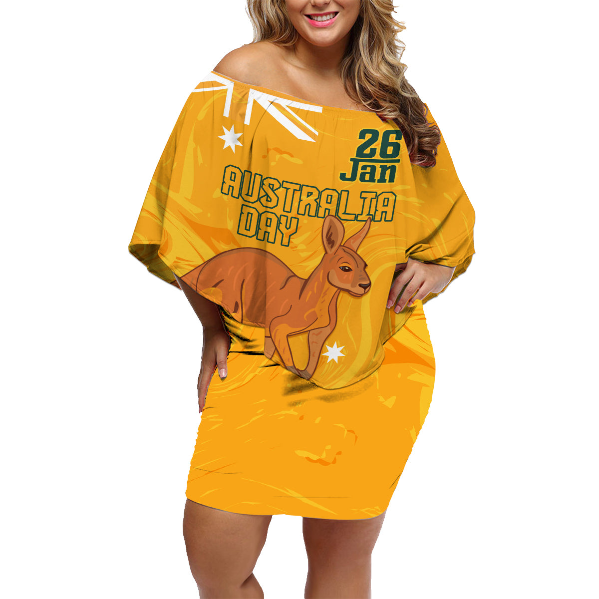 Personalised Matildas Australia Day Family Matching Off Shoulder Short Dress and Hawaiian Shirt Proud To Be Tillies Gold Version