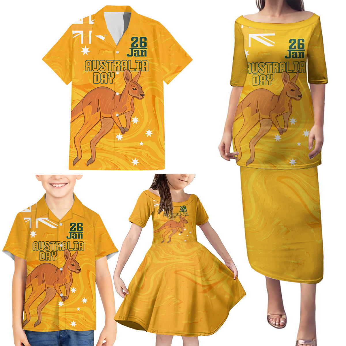 Personalised Matildas Australia Day Family Matching Puletasi and Hawaiian Shirt Proud To Be Tillies Gold Version