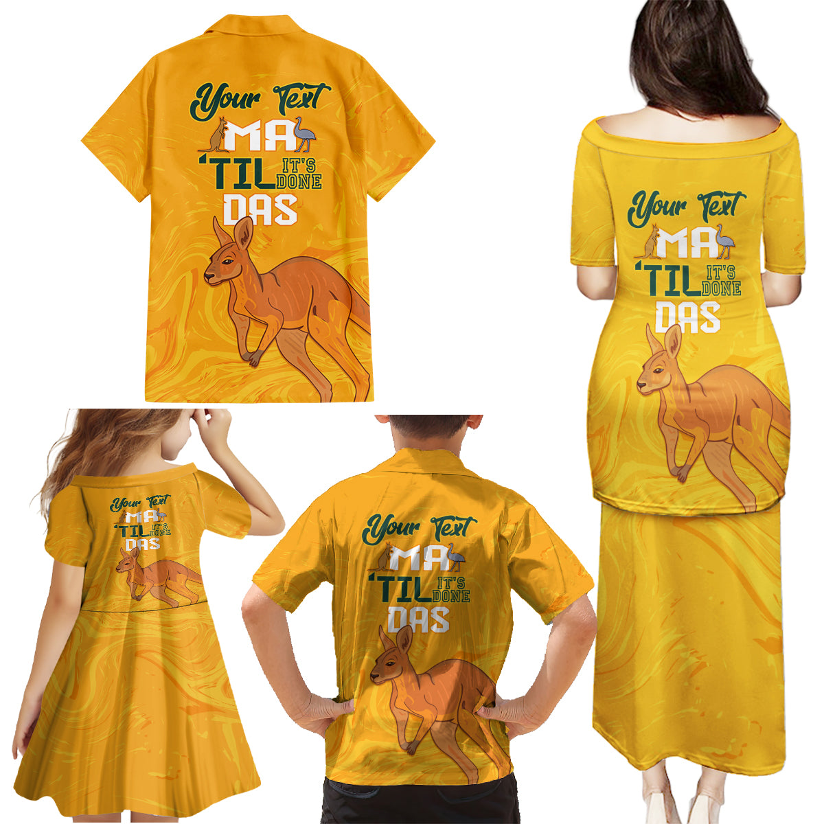 Personalised Matildas Australia Day Family Matching Puletasi and Hawaiian Shirt Proud To Be Tillies Gold Version