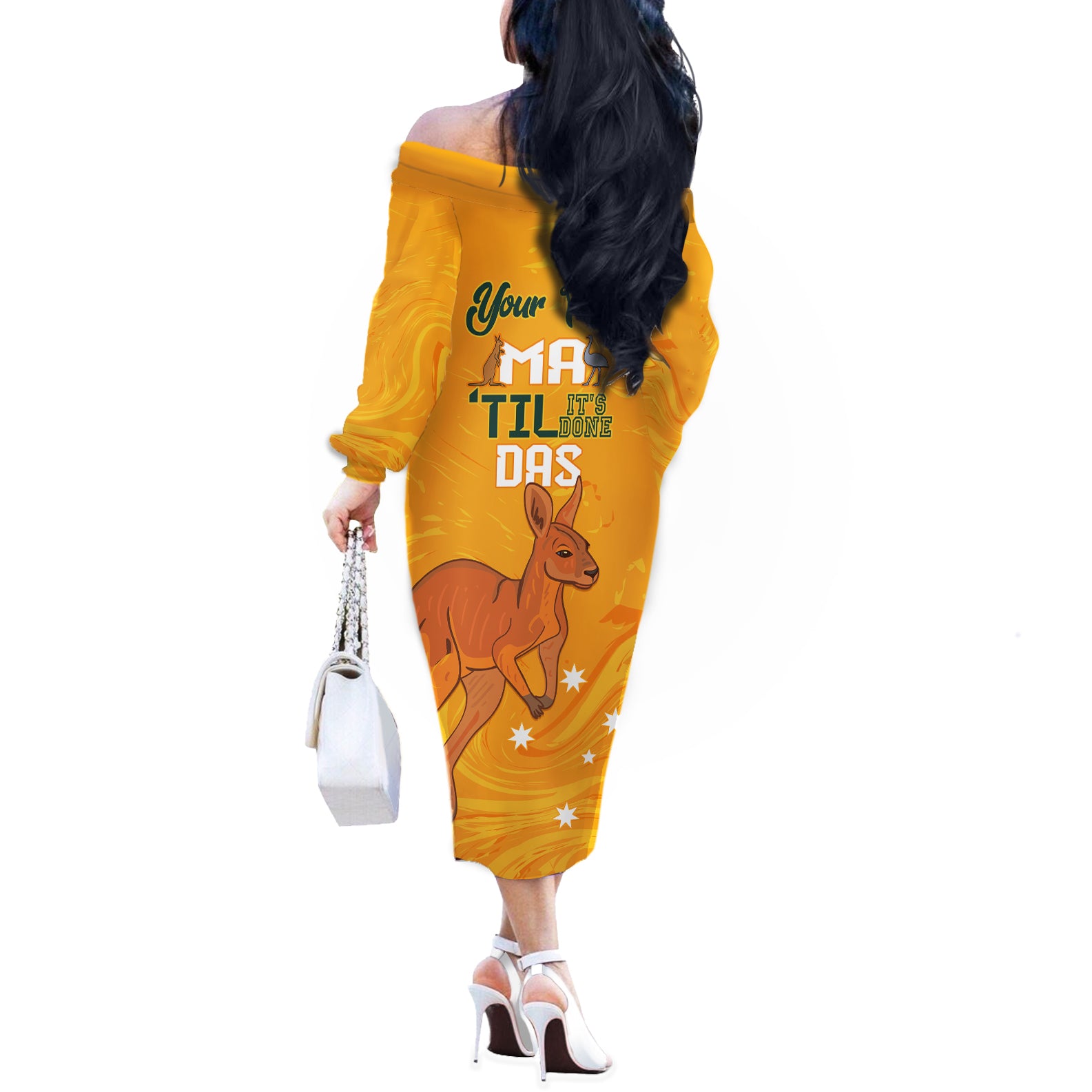 Personalised Matildas Australia Day Off The Shoulder Long Sleeve Dress Proud To Be Tillies Gold Version