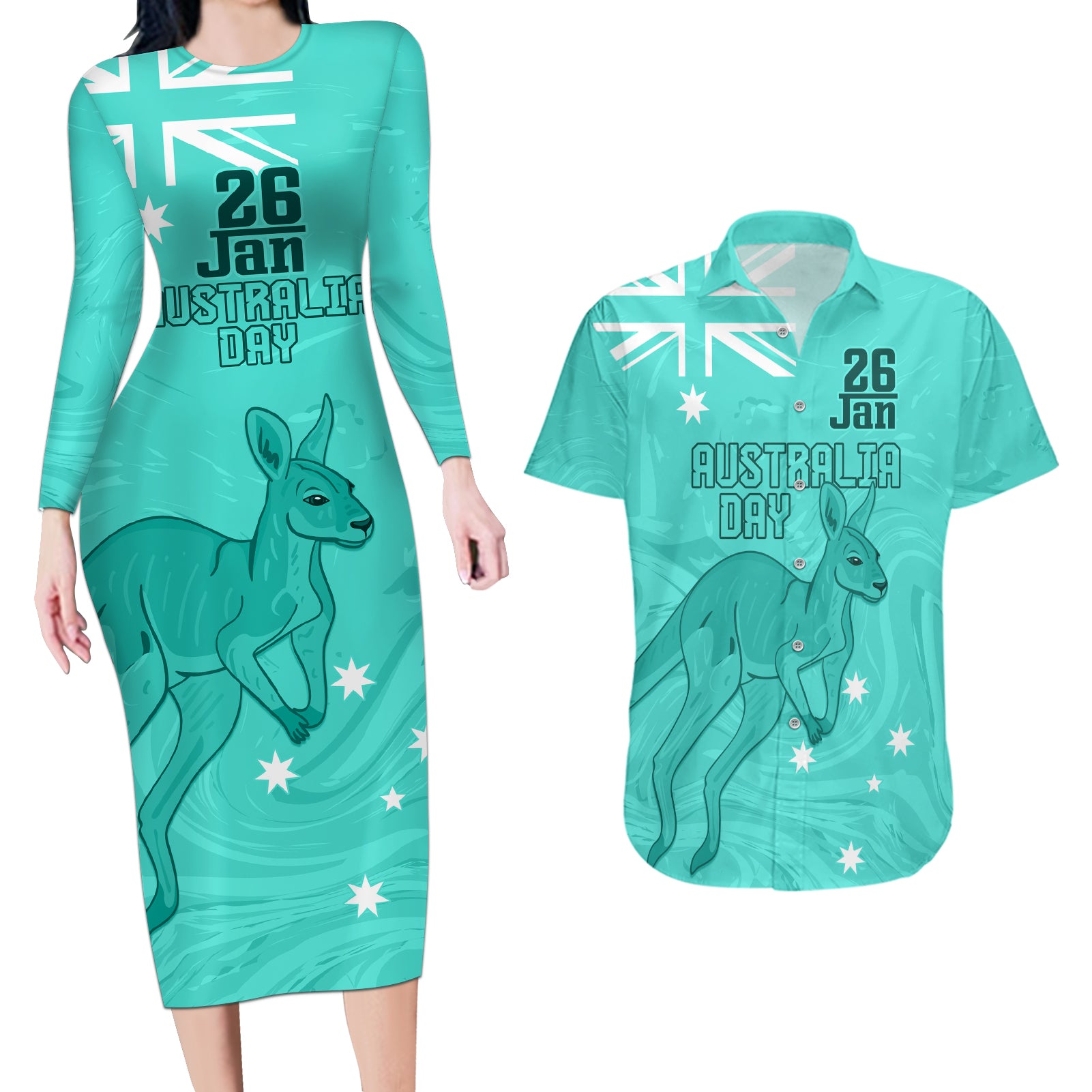 Personalised Matildas Australia Day Couples Matching Long Sleeve Bodycon Dress and Hawaiian Shirt Proud To Be Tillies Turquoise Version