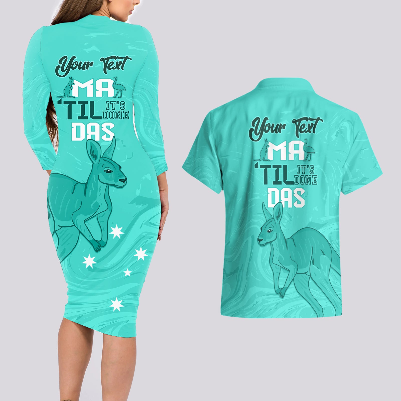 Personalised Matildas Australia Day Couples Matching Long Sleeve Bodycon Dress and Hawaiian Shirt Proud To Be Tillies Turquoise Version