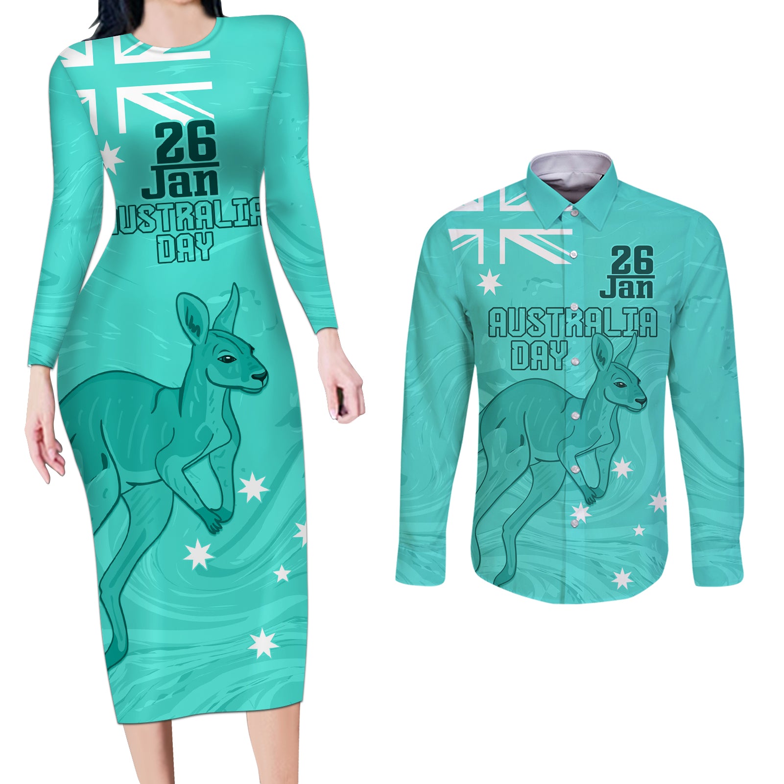 Personalised Matildas Australia Day Couples Matching Long Sleeve Bodycon Dress and Long Sleeve Button Shirt Proud To Be Tillies Turquoise Version