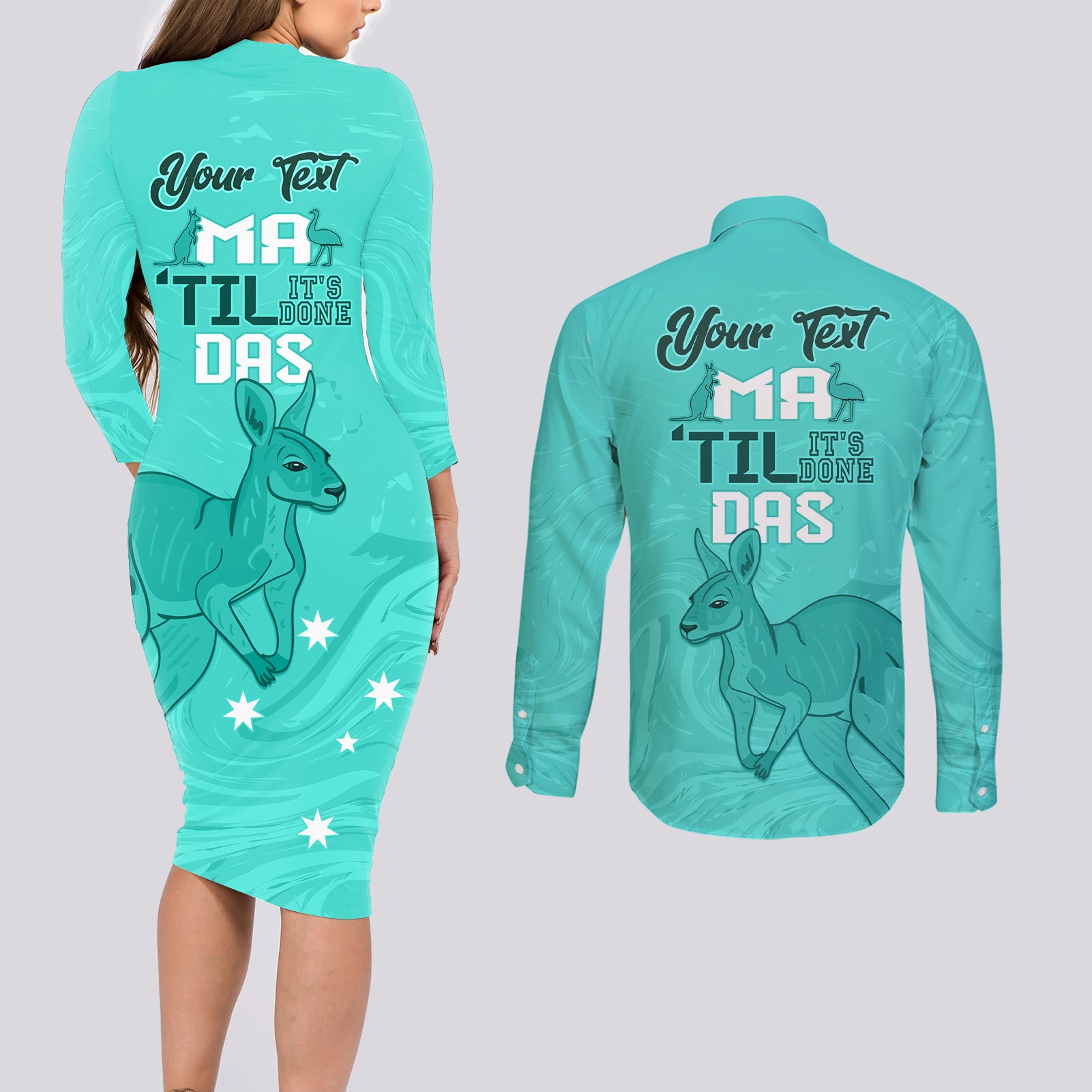 Personalised Matildas Australia Day Couples Matching Long Sleeve Bodycon Dress and Long Sleeve Button Shirt Proud To Be Tillies Turquoise Version