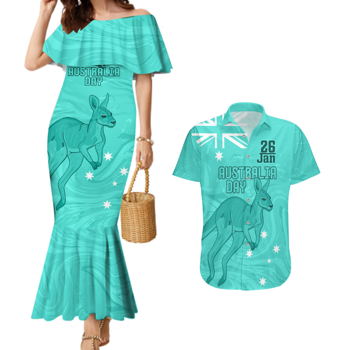 Personalised Matildas Australia Day Couples Matching Mermaid Dress and Hawaiian Shirt Proud To Be Tillies Turquoise Version