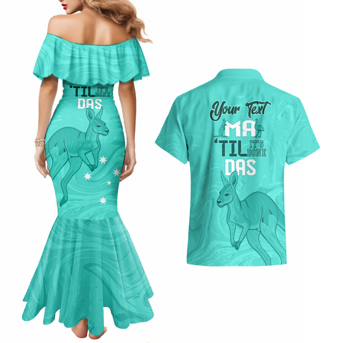 Personalised Matildas Australia Day Couples Matching Mermaid Dress and Hawaiian Shirt Proud To Be Tillies Turquoise Version