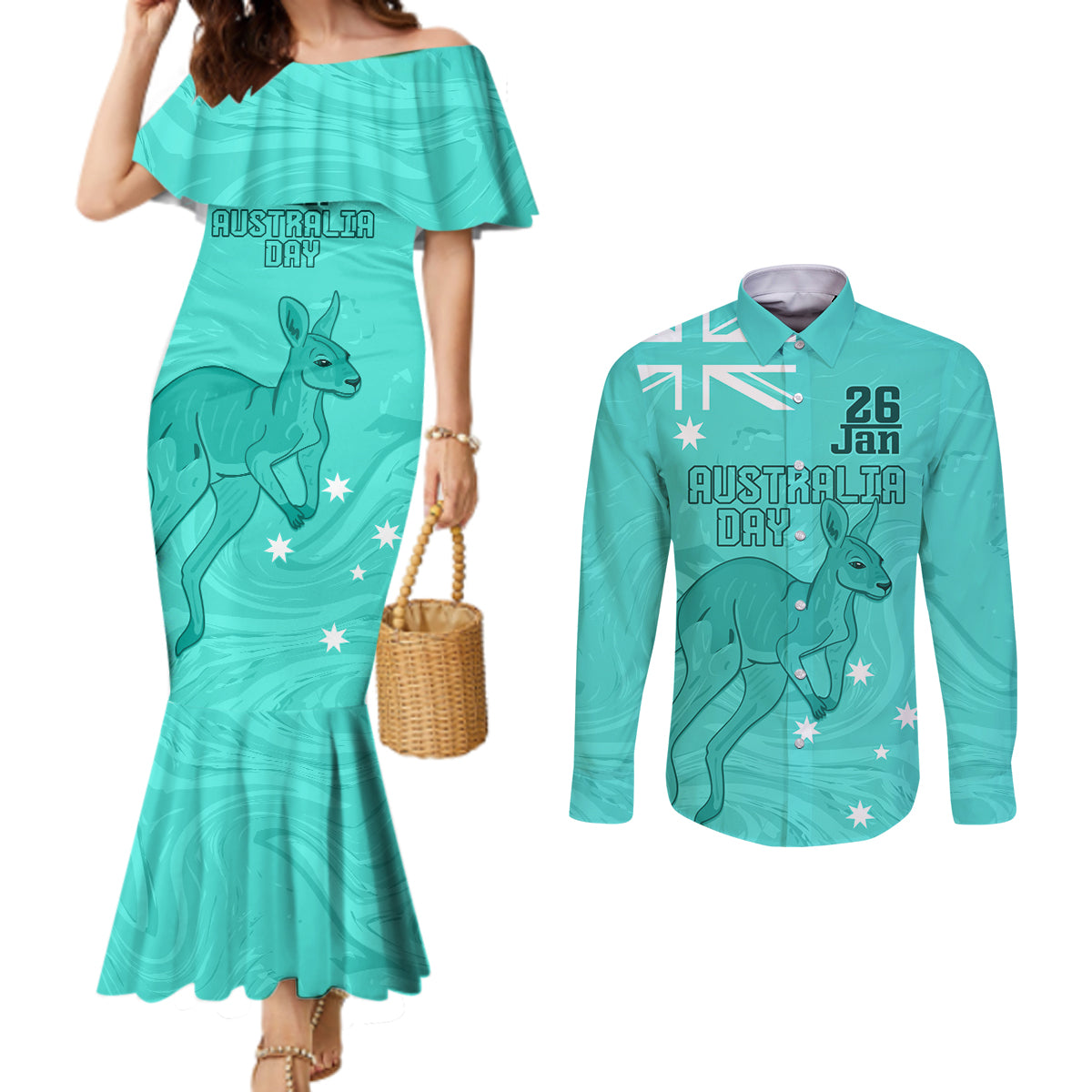 Personalised Matildas Australia Day Couples Matching Mermaid Dress and Long Sleeve Button Shirt Proud To Be Tillies Turquoise Version