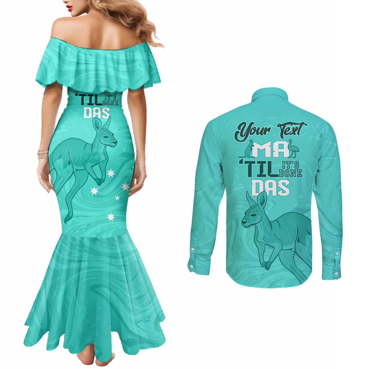 Personalised Matildas Australia Day Couples Matching Mermaid Dress and Long Sleeve Button Shirt Proud To Be Tillies Turquoise Version