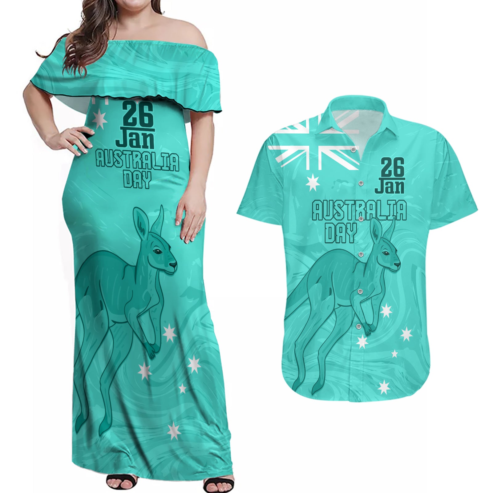 Personalised Matildas Australia Day Couples Matching Off Shoulder Maxi Dress and Hawaiian Shirt Proud To Be Tillies Turquoise Version