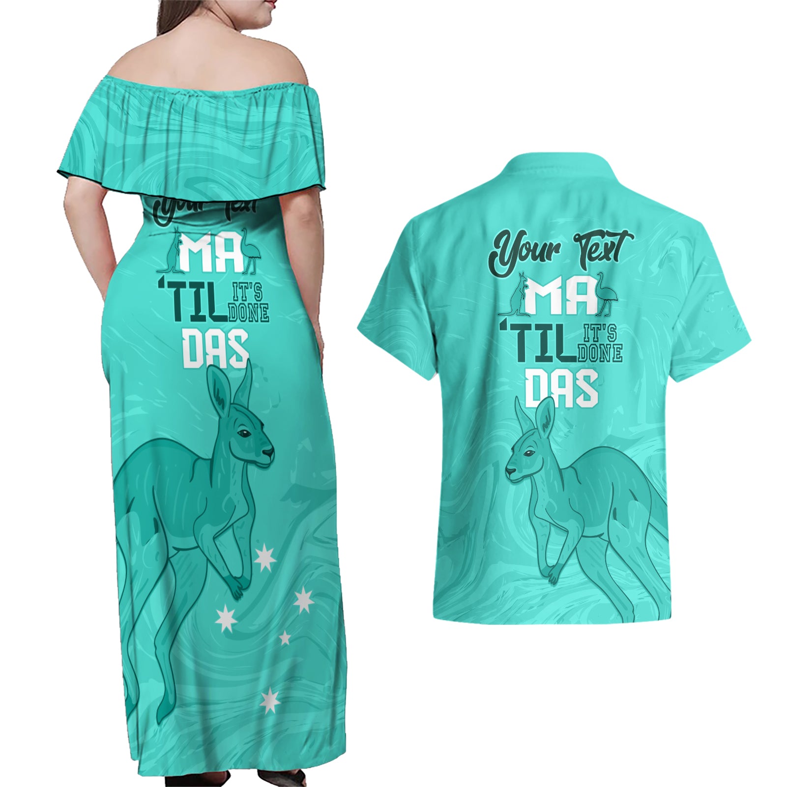 Personalised Matildas Australia Day Couples Matching Off Shoulder Maxi Dress and Hawaiian Shirt Proud To Be Tillies Turquoise Version