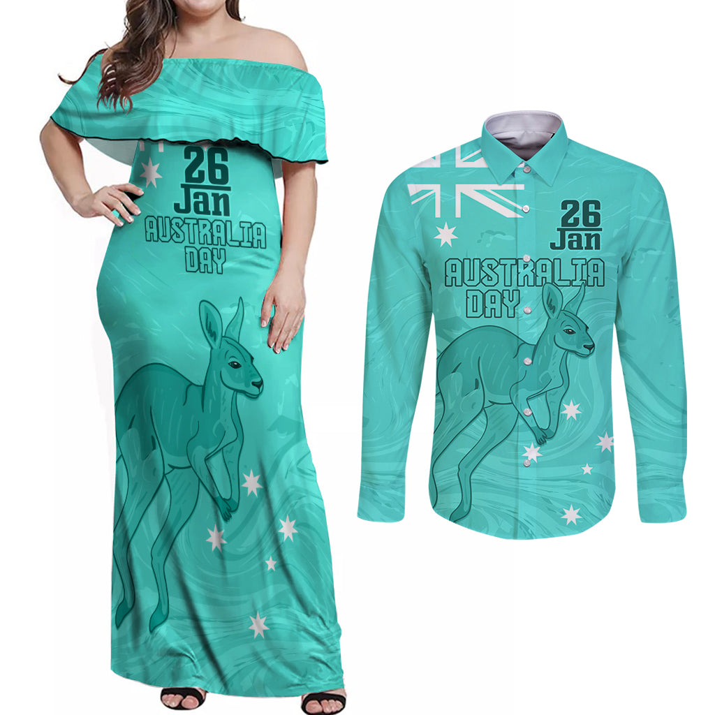 Personalised Matildas Australia Day Couples Matching Off Shoulder Maxi Dress and Long Sleeve Button Shirt Proud To Be Tillies Turquoise Version