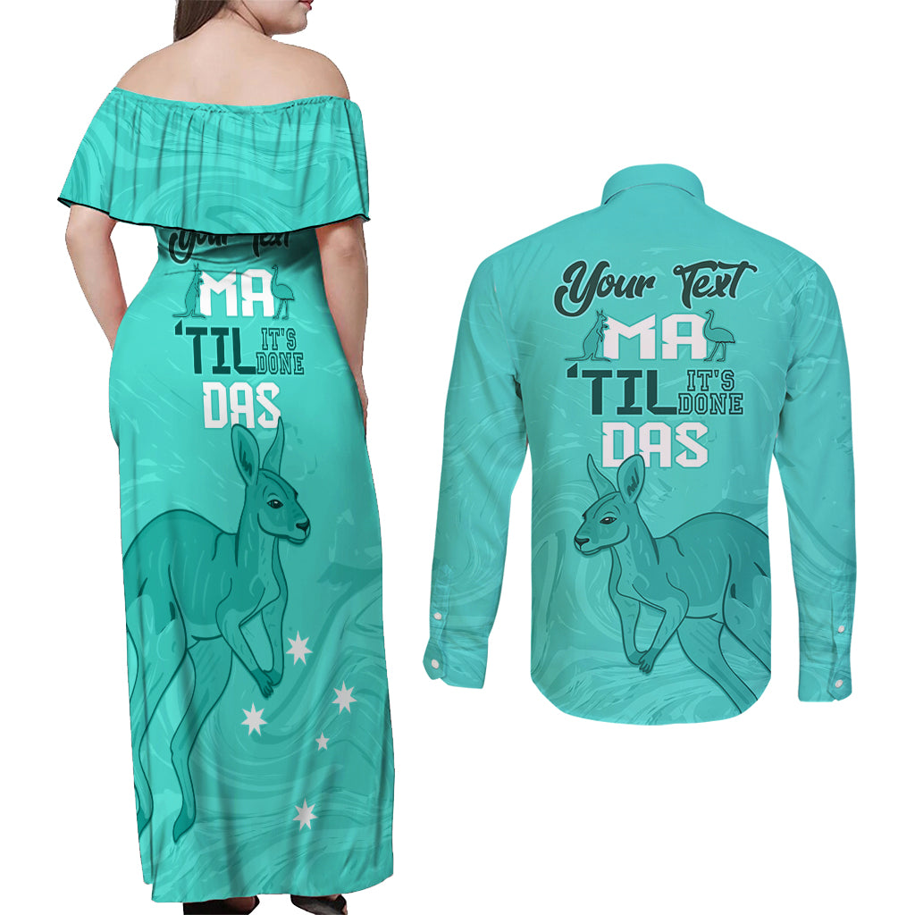 Personalised Matildas Australia Day Couples Matching Off Shoulder Maxi Dress and Long Sleeve Button Shirt Proud To Be Tillies Turquoise Version