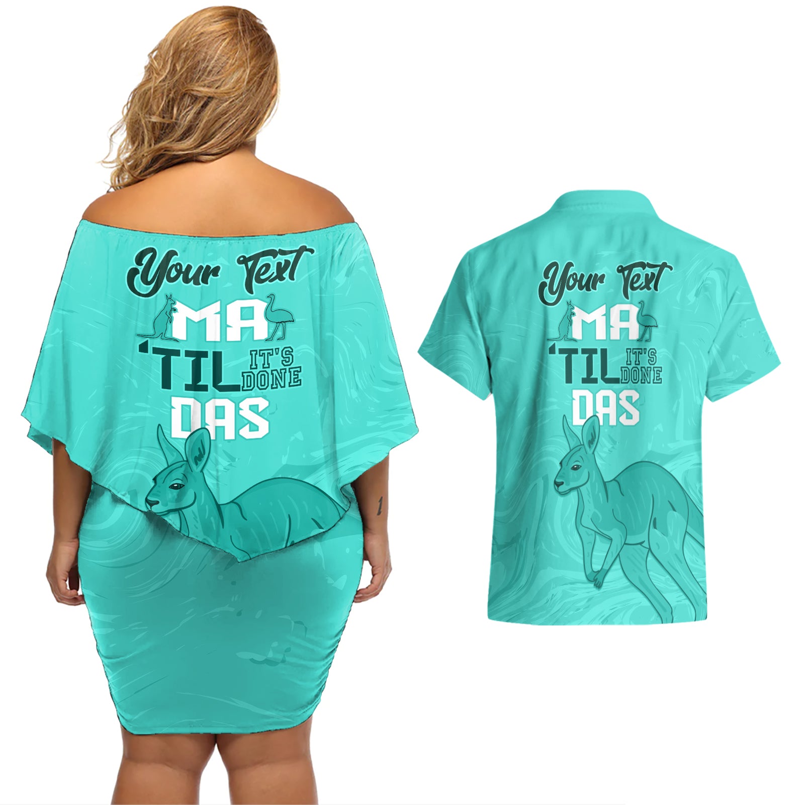 Personalised Matildas Australia Day Couples Matching Off Shoulder Short Dress and Hawaiian Shirt Proud To Be Tillies Turquoise Version