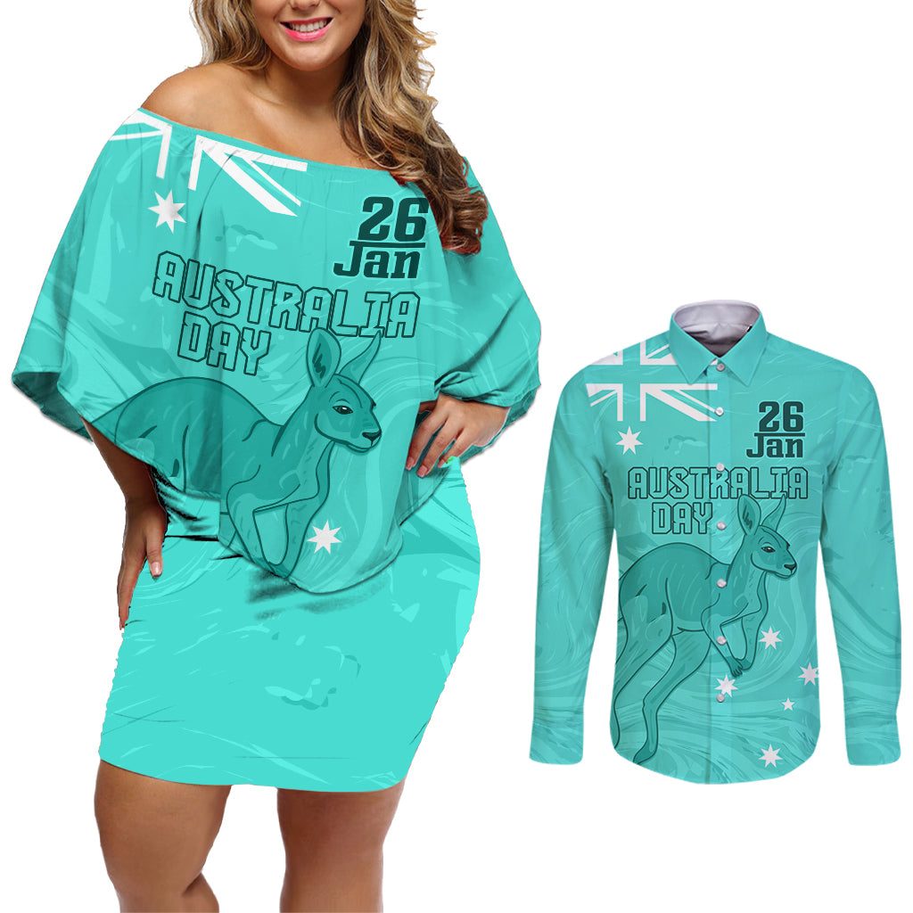 Personalised Matildas Australia Day Couples Matching Off Shoulder Short Dress and Long Sleeve Button Shirt Proud To Be Tillies Turquoise Version