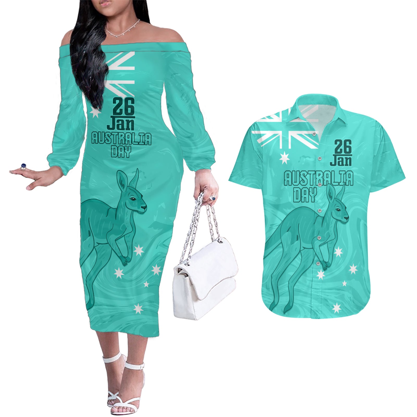 Personalised Matildas Australia Day Couples Matching Off The Shoulder Long Sleeve Dress and Hawaiian Shirt Proud To Be Tillies Turquoise Version