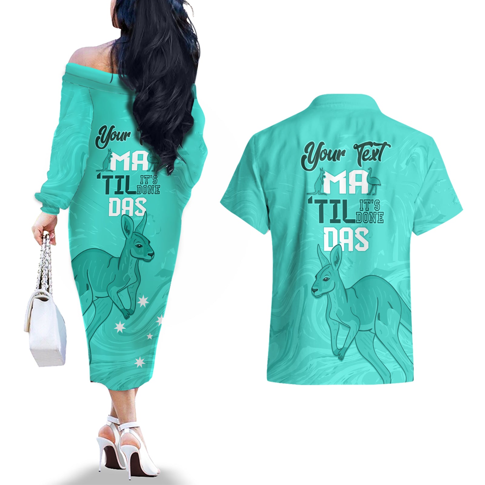 Personalised Matildas Australia Day Couples Matching Off The Shoulder Long Sleeve Dress and Hawaiian Shirt Proud To Be Tillies Turquoise Version