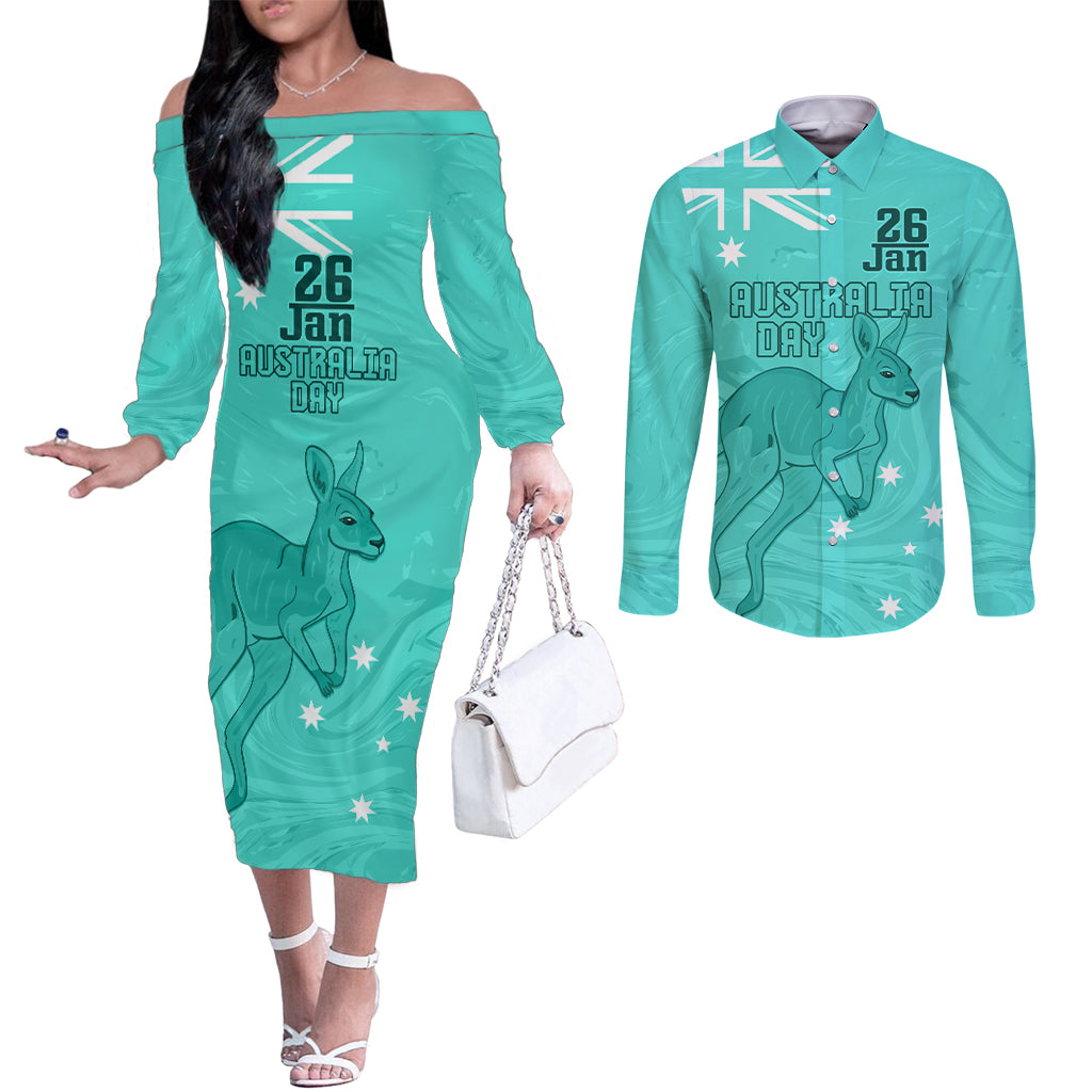 Personalised Matildas Australia Day Couples Matching Off The Shoulder Long Sleeve Dress and Long Sleeve Button Shirt Proud To Be Tillies Turquoise Version