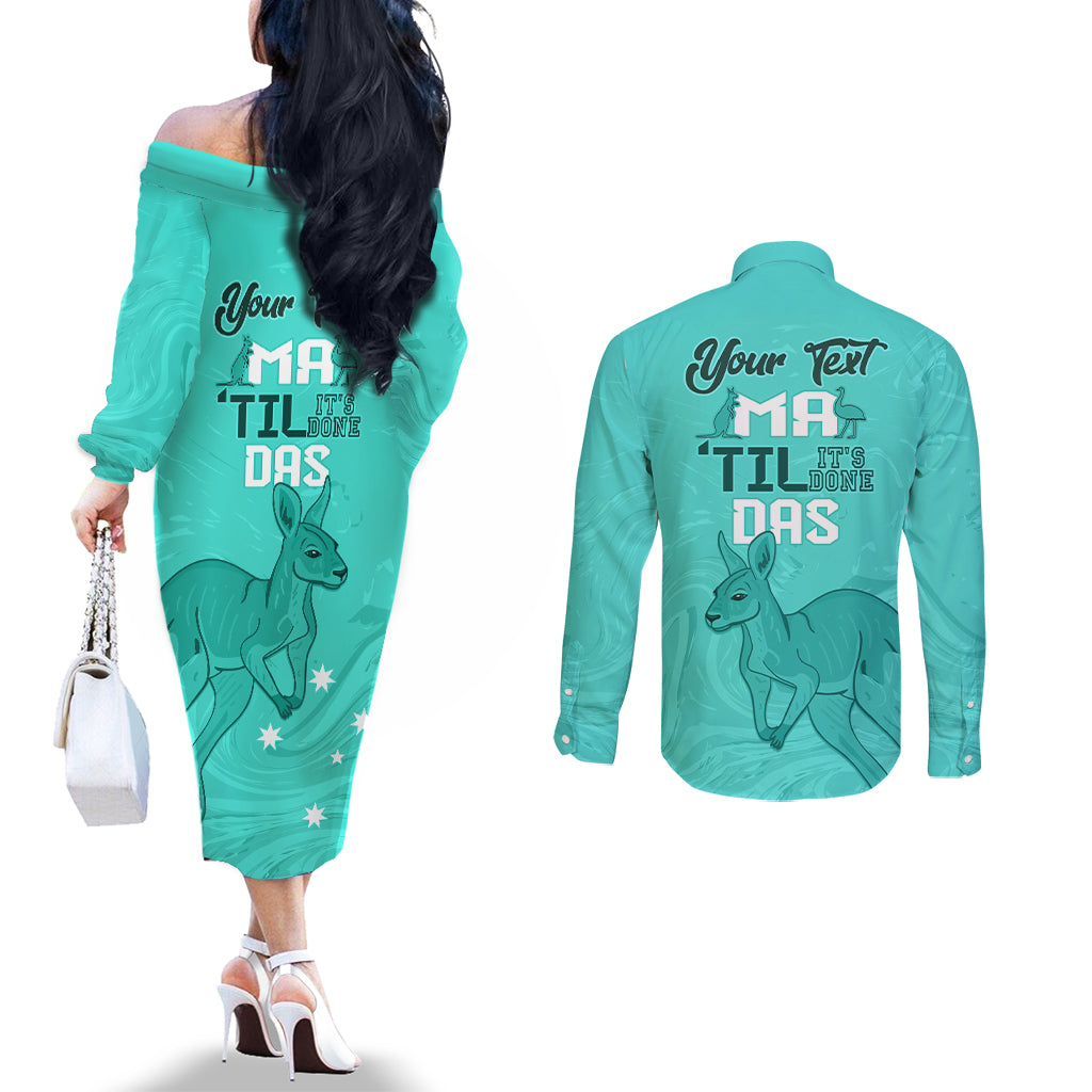 Personalised Matildas Australia Day Couples Matching Off The Shoulder Long Sleeve Dress and Long Sleeve Button Shirt Proud To Be Tillies Turquoise Version