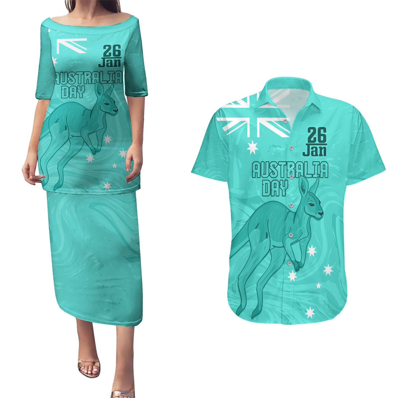 Personalised Matildas Australia Day Couples Matching Puletasi and Hawaiian Shirt Proud To Be Tillies Turquoise Version