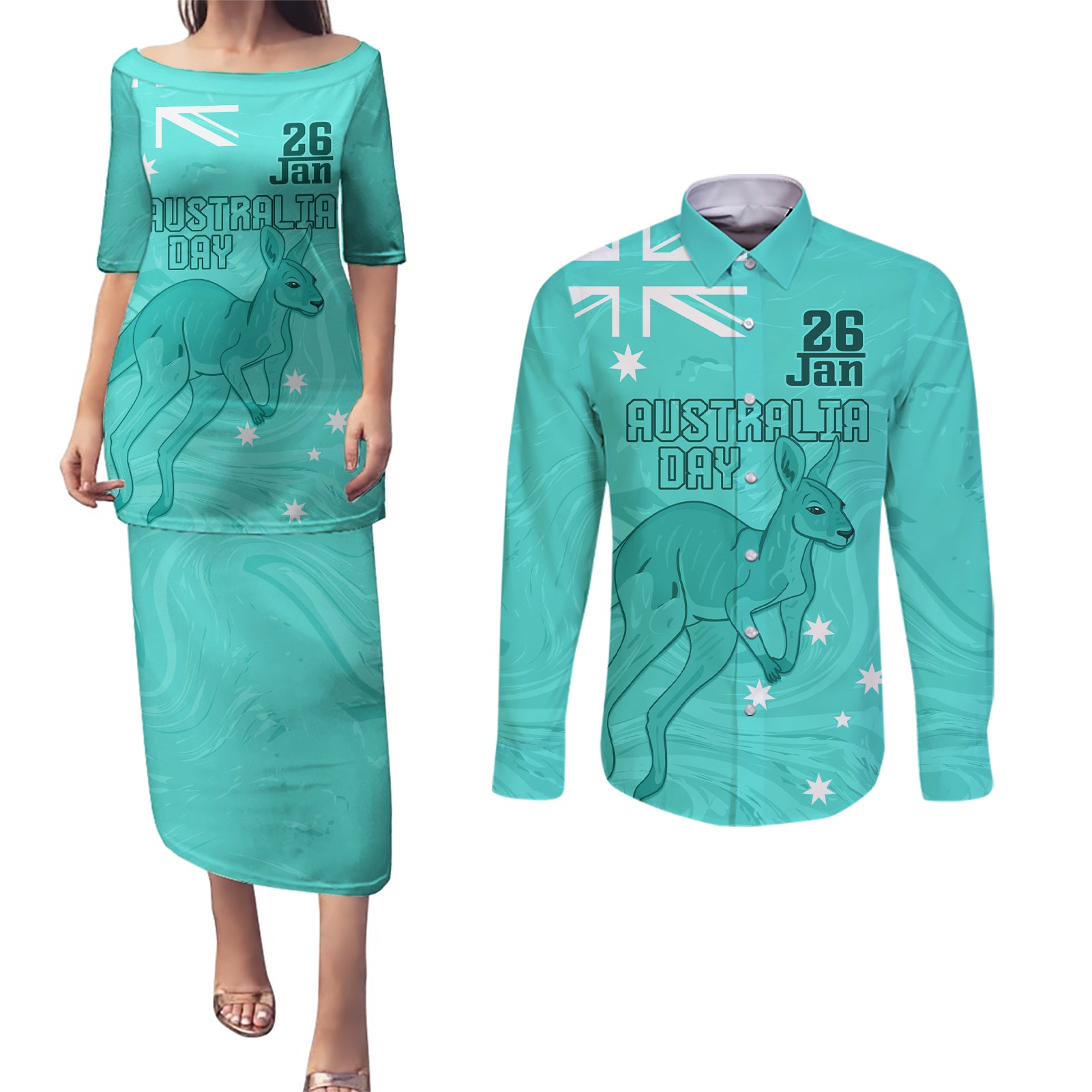 Personalised Matildas Australia Day Couples Matching Puletasi and Long Sleeve Button Shirt Proud To Be Tillies Turquoise Version