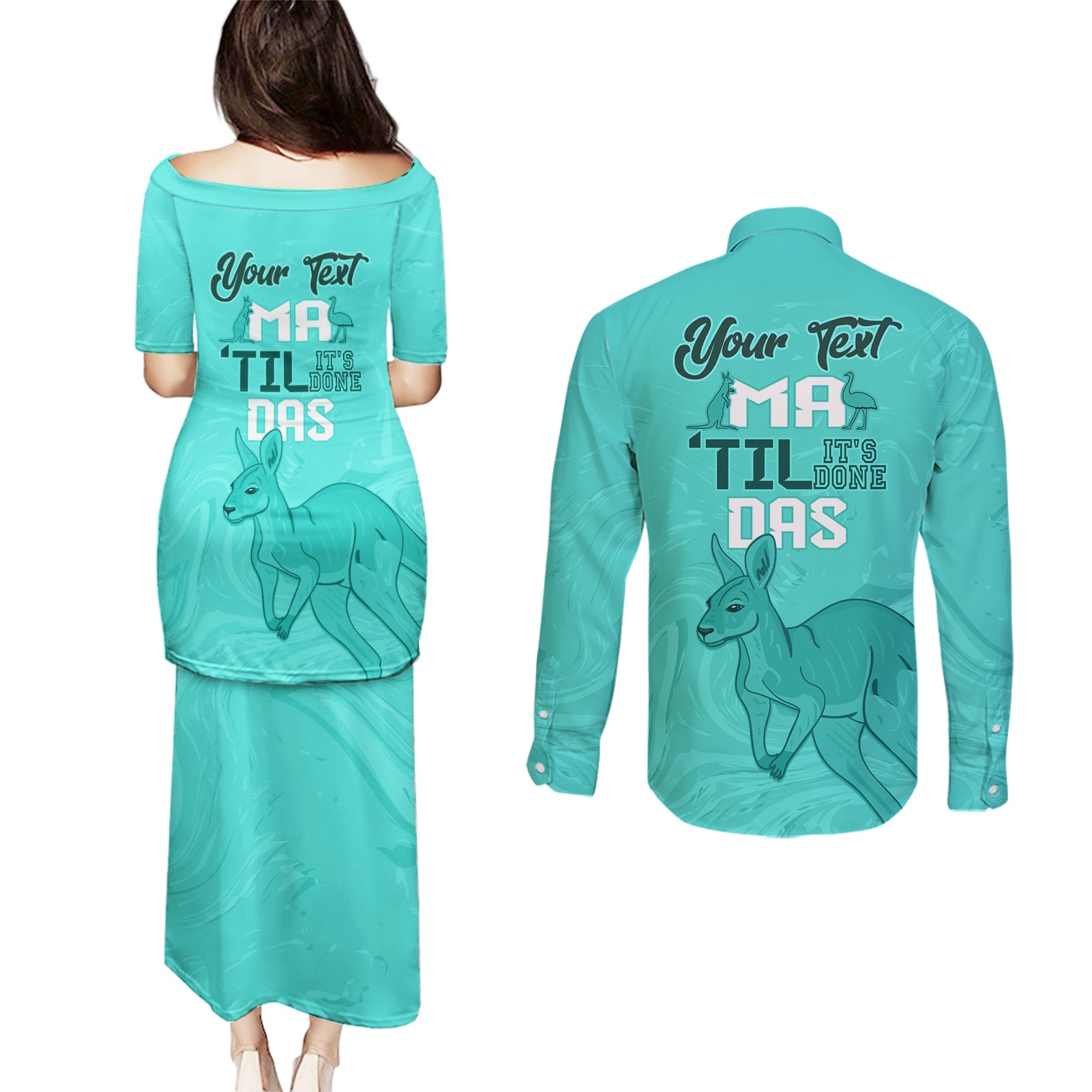 Personalised Matildas Australia Day Couples Matching Puletasi and Long Sleeve Button Shirt Proud To Be Tillies Turquoise Version